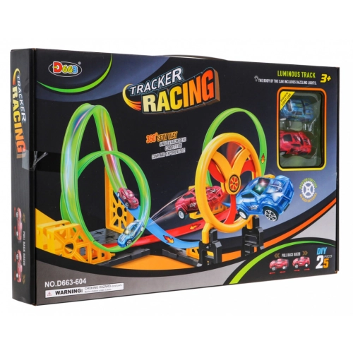 Tor wyścigowy dla dzieci z ruchomą obręczą 2 Autka LED Pętle 360 D663-604