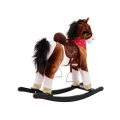 Pluszowy konik na biegunach FDRK047B, ciemny brąz, z pasami i oparciem, bezpieczny dla dzieci od 1 roku
