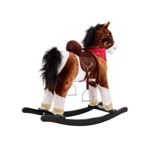 Pluszowy konik na biegunach FDRK047B, ciemny brąz, z pasami i oparciem, bezpieczny dla dzieci od 1 roku