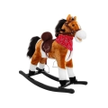 Pluszowy konik na biegunach FDRK047B, jasny brąz, z pasami i oparciem, bezpieczny dla dzieci od 1 roku