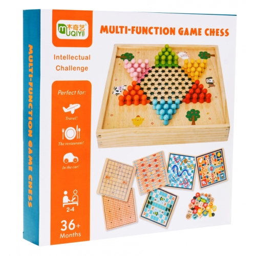 Drewniany zestaw gier planszowych 6w1 Trylma Węże i drabiny Szachy Chińczyk GO MM-006