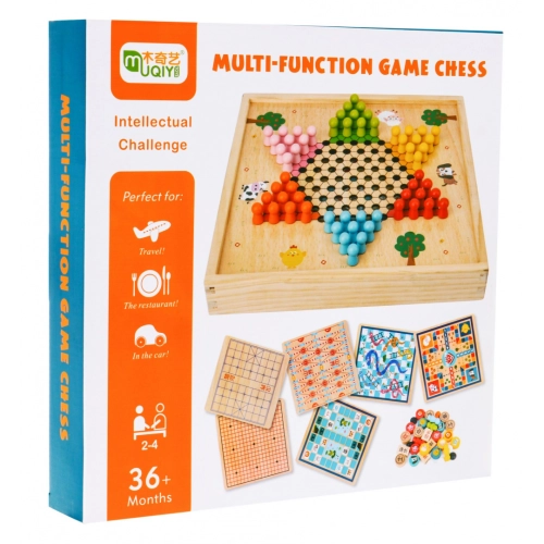 Drewniany zestaw gier planszowych 6w1 Trylma Węże i drabiny Szachy Chińczyk GO MM-006