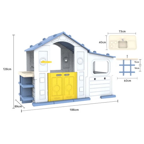 Duży Domek dla dzieci z przedsionkiem, koszykówką i zlewem Niebieski Dach CHD-515