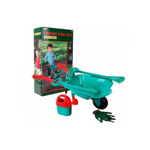 Duża taczka ogrodowa dla dzieci z narzędziami i kaskiem – zabawa w ogrodzie