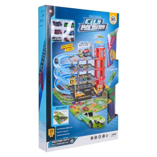 Wielopoziomowy parking dla dzieci z matą i 6 autkami