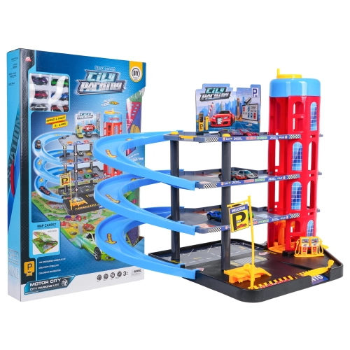 Duży parking z windą, zjeżdżalniami i 6 metalowymi autkami