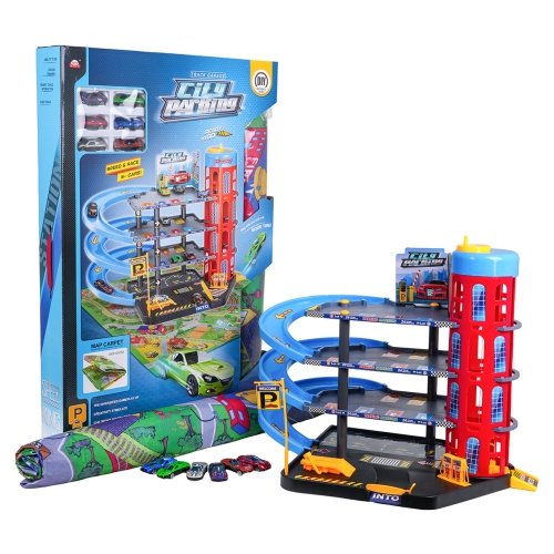 Duży parking z windą, zjeżdżalniami i 6 metalowymi autkami