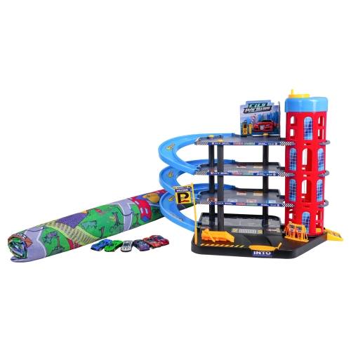 Duży parking z windą, zjeżdżalniami i 6 metalowymi autkami