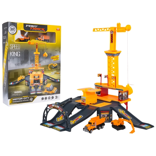 Parking plac budowy z dźwigiem i pojazdami budowlanymi