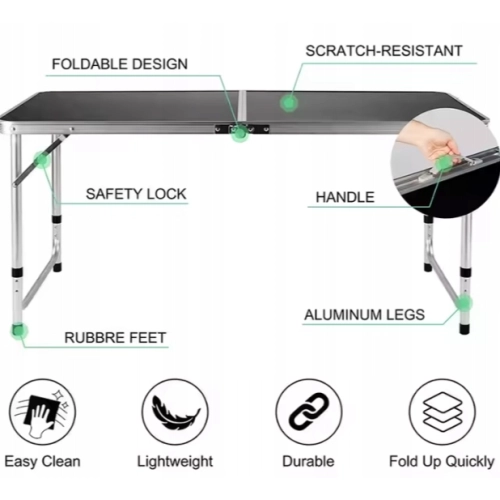 Stół Turystyczny Składany Regulowany Aluminiowy Kempingowy  Czarny 120x60cm